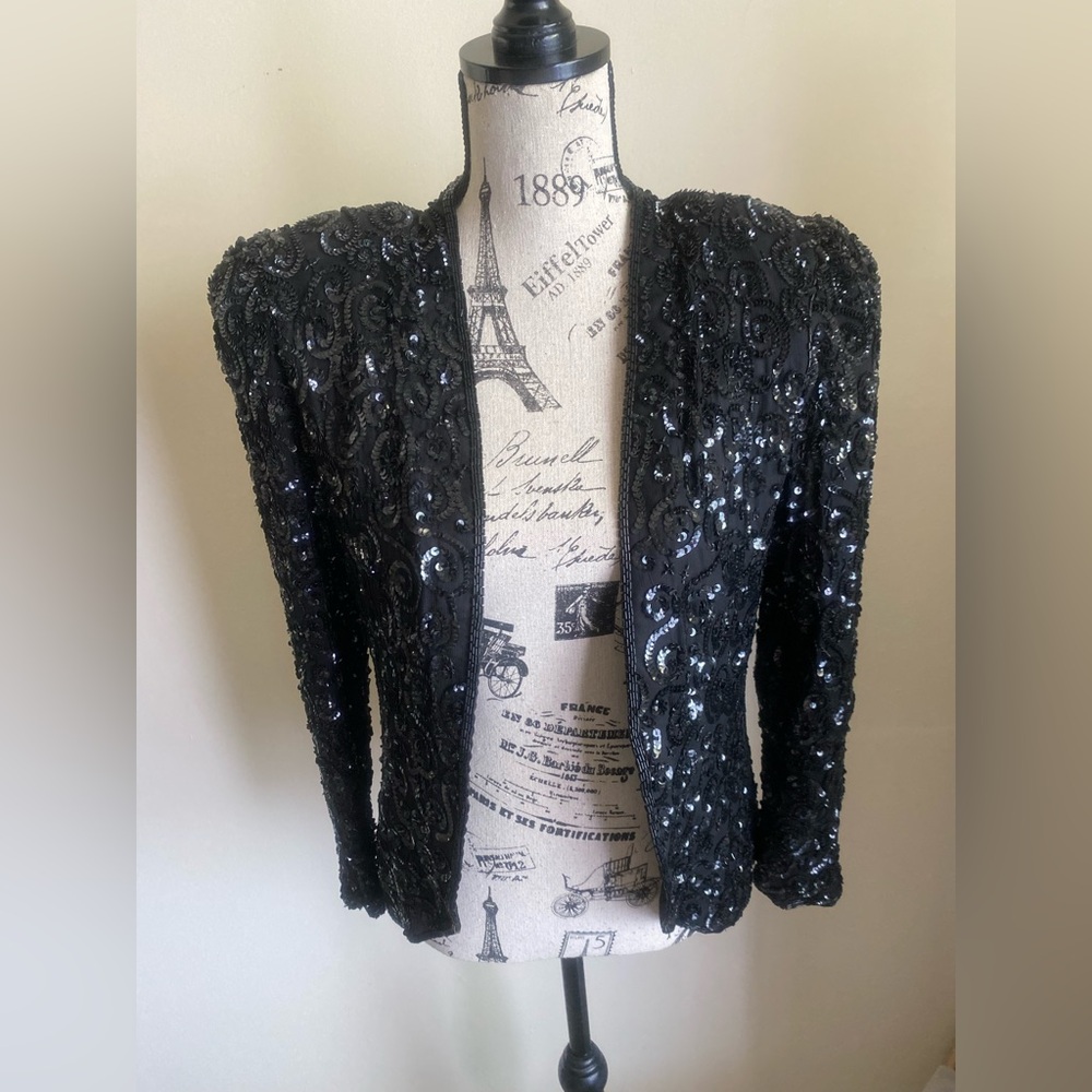 Valentina vintage 80s Italy black beaded evening jacket sequin cocktail jacket